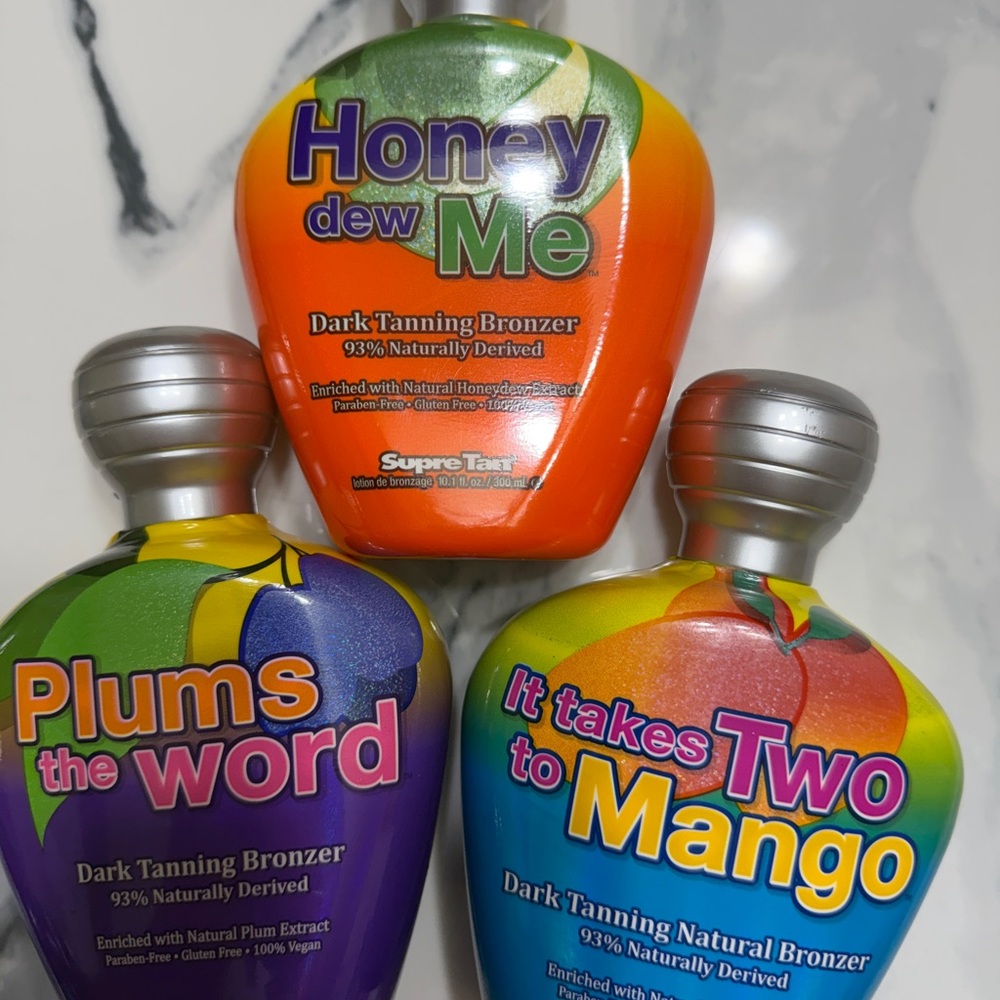 9 BOTTLES 
Supre Tan Dark Tanning Bronzer Trio - Green, Orange, Purple